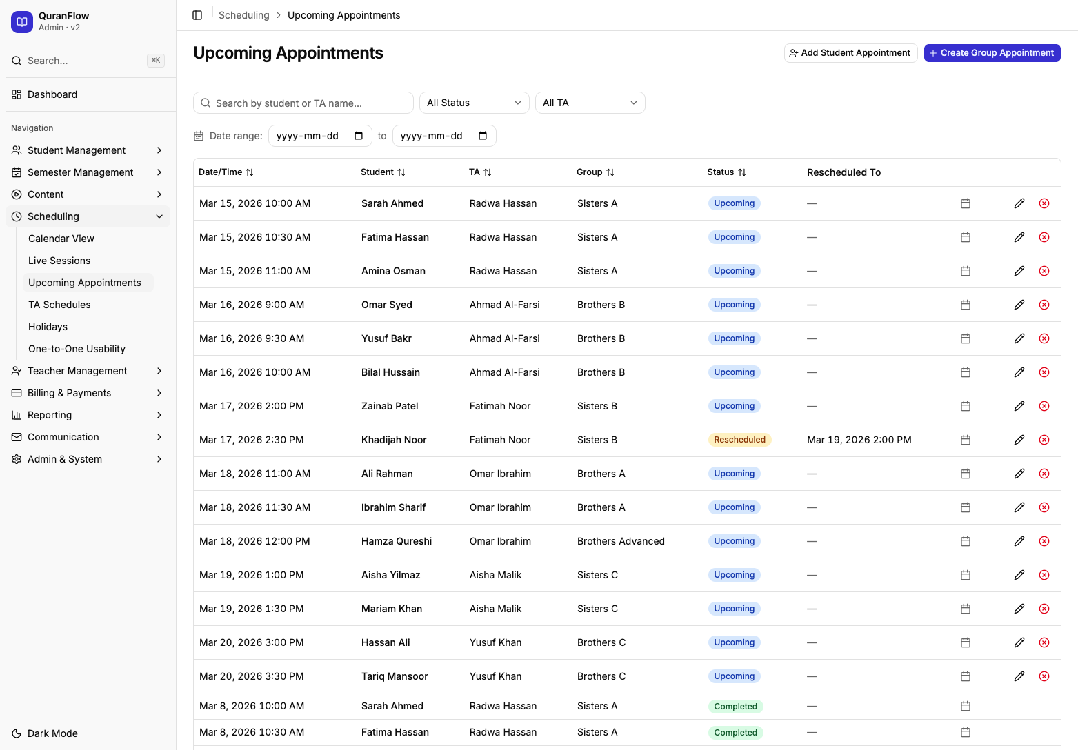 Upcoming Appointments before